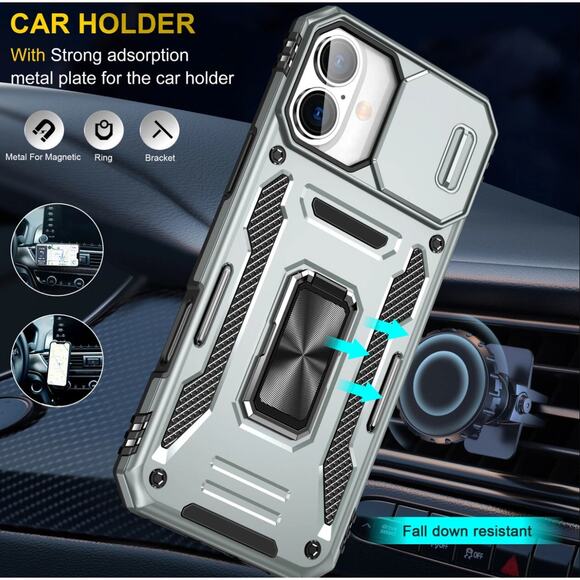 iPhone 14 Pro Max Military Grade Ring Holder Silver Case with Camera Lens Cover - Picture 9 of 10